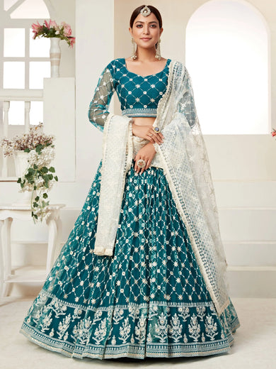 Charming Blue Thread Embroidered Net Festival Wear Lehenga Choli